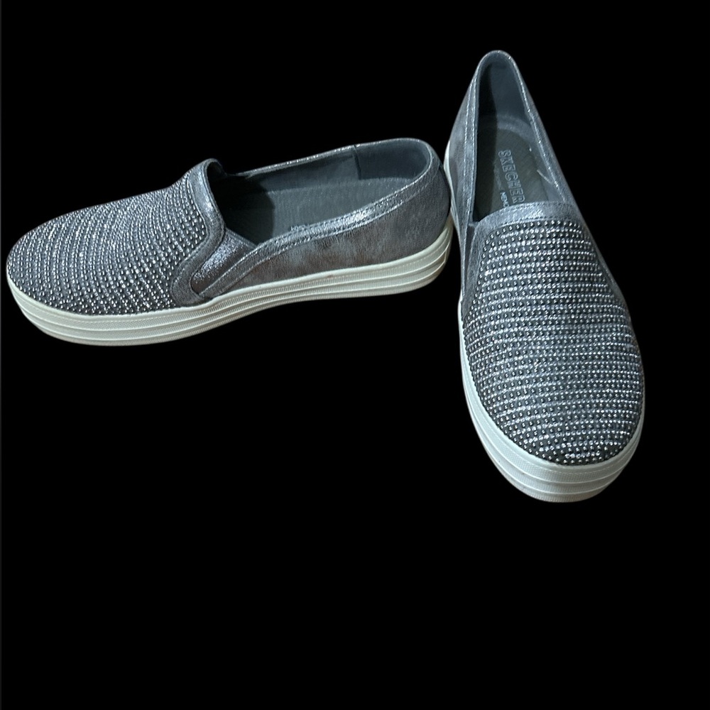 Silver grey sparkle slip on sneakers Sketchers 6 fun Disco style textured beaded